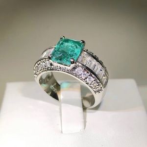 Ladies elegant princess cut paraiba tourmaline emerald stone 925 ring 8 NIB